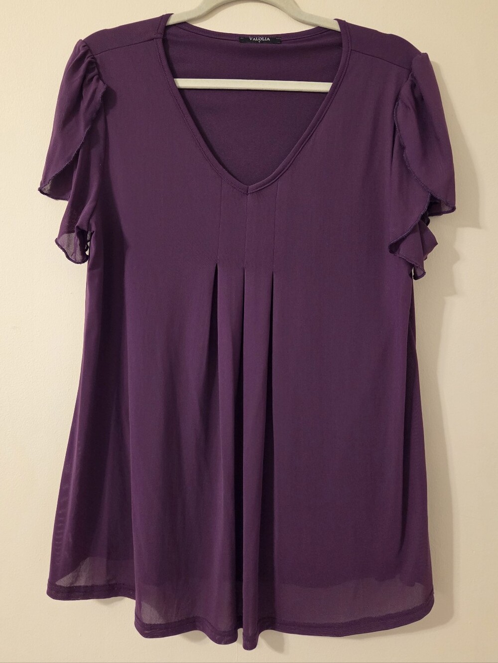 Purple Pleated V-Neck Short Sleeve Top